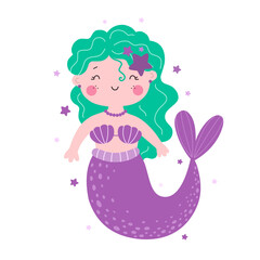Cute little mermaid character, children's illustration, print in flat style.