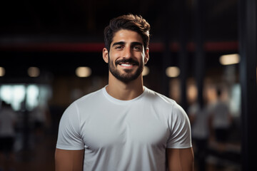 portrait of young muscular man resting in gym while looking at camera. Healthy lifestyle
