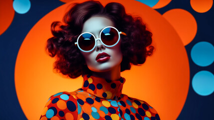 Fashion retro-futuristic girl on background with circle pop art background. Woman in sunglasses in...