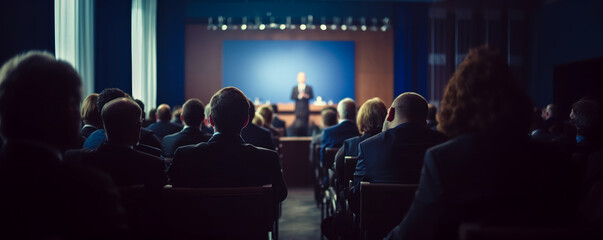 Conference room full of people listening to key note speaker