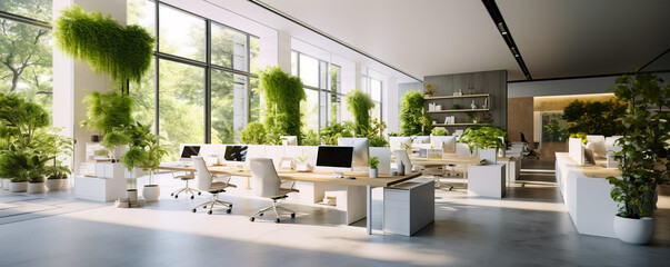Panoramic view of open space office with lots of green plants big windows and sunlight