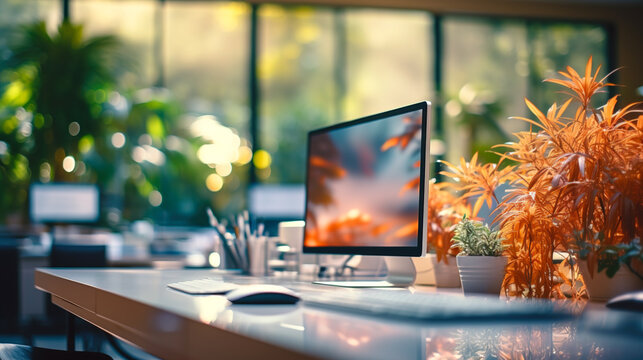 Green office desk with focus on computer screen, modern work place with focus on computer display