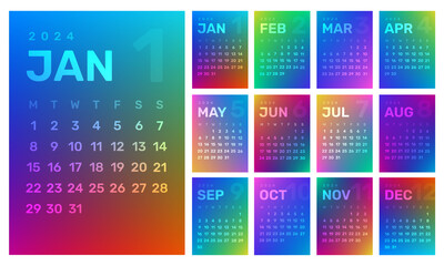 2024 Gradient Monthly Calendar Widget PNG Digital Sticker, Monday-Start 