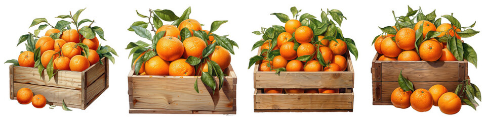 Mandarins in wooden box  Hyperrealistic Highly Detailed Isolated On Transparent Background Png File - obrazy, fototapety, plakaty