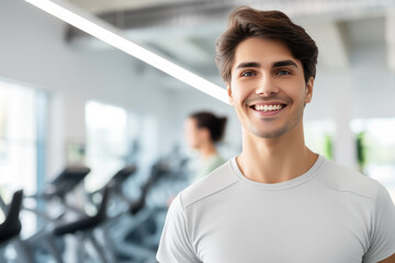 portrait of young muscular man resting in gym while looking at camera. Healthy lifestyle