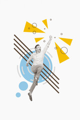 Vertical collage image of positive black white effect man jump fly raise hand up isolated on painted creative background