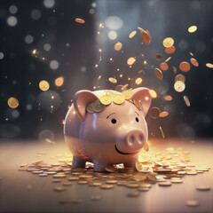 Piggy bank saves a lot of money gold shower coins advertisement wallpaper background