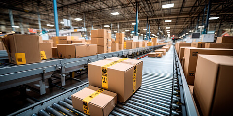 Naklejka premium box packages seamlessly moving along a conveyor belt in a busy warehouse fulfillment center