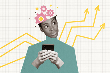 Collage of black white colors person use smart phone cogwheel gear inside head growing arrows...