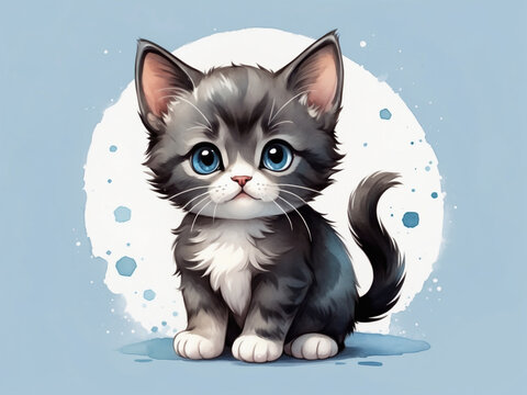 Cute black kitten full body facing forward light blue and gray background soft watercolor painting and drawing