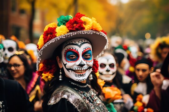 woman with carnival mask makeup closeup portrait on Mexican Day of the Dead celebration party on the street