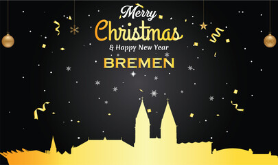 Christmas and New year black greeting card with golden panorama of the city of Bremen