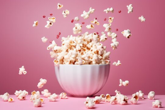 popcorn in a white bowl flying around on pink background. Cinema and movie theater concept.