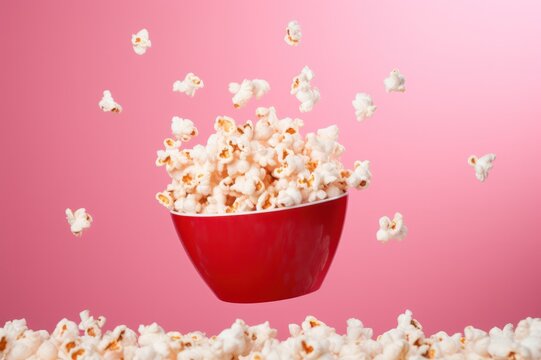 popcorn in a red bowl flying around on pink background. Cinema and movie theater concept.
