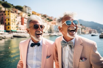 two senior men couple on European vacation traveling together, having fun and enjoying life - Powered by Adobe