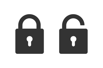 Black isolated icon of locked and unlocked lock on white background. Set of Silhouette of locked and unlocked padlock. Flat design. - obrazy, fototapety, plakaty