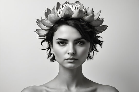 portrait photography, beautiful woman with protea flower, award winning fashion magazine cover photo