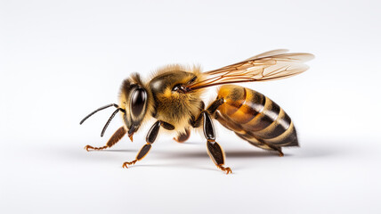 a bee is flying isolated on white background - obrazy, fototapety, plakaty