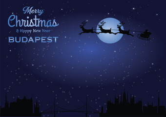 Christmas and New year dark blue greeting card with Santa Claus silhouette and black panorama of the city of Budapest