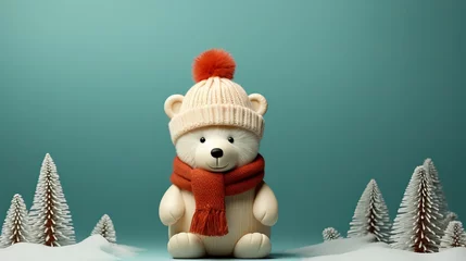 Wandaufkleber Illustration of a polar bear in a pink hat and orange scarf, among decorative snow-covered trees on a turquoise background.  © Marynkka_muis