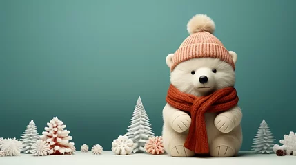 Fototapeten Illustration of a polar bear in a pink hat and orange scarf, among decorative snow-covered trees on a turquoise background.  © Marynkka_muis_ua