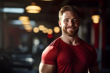Obraz premium portrait of young muscular man resting in gym while looking at camera. Healthy lifestyle