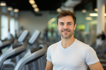 Fototapeta na wymiar portrait of young muscular man resting in gym while looking at camera. Healthy lifestyle