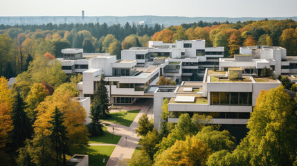 The modern university campus, built in a cubic style, nestled in a magnificent forest