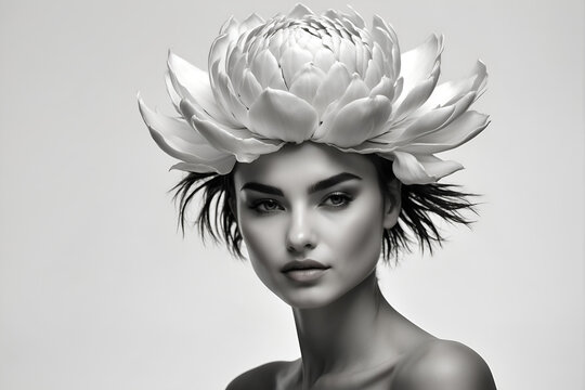 portrait photography, beautiful woman with protea flower, award winning fashion magazine cover photo