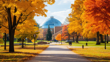 Obraz premium The modern university campus, adorned with large glass domes, amidst a magnificent forest