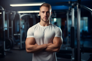 portrait of young muscular man resting in gym while looking at camera. Healthy lifestyle