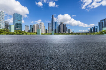 Asphalt road and city skyline with modern buildings scenery in Shenzhen, Guangdong Province, China.