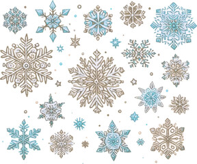繊細なデザインの雪の結晶のイラストセット