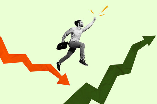 Collage picture of excited black white colors mini guy hold briefcase run jump arrow down up isolated on green background