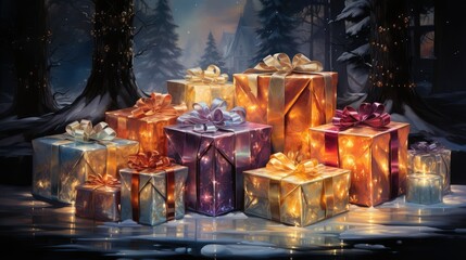 Fototapeta na wymiar Christmas Card with shiny gift Boxes. AI generating