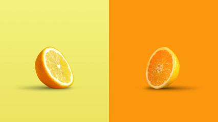 Orange with lemon texture and lemon with orange texture on yellow and orange background. Creative summer idea. Minimal fruit concept. Mixed fruit. Citrus fruit art. Copy space.