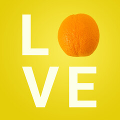 White letters forming word LOVE with orange fruit on yellow background. Original orange decoration. Love concept.