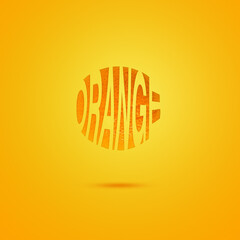 Letters forming word ORANGE in fruit shape against gradient yellow and orange background. Original orange decoration. Fruit concept. Minimal summer design.