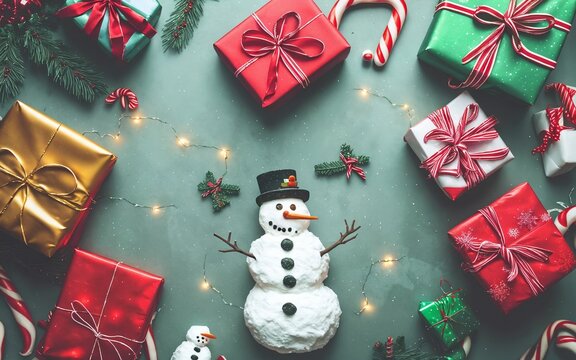  Christmas background with snowman Flat lay top view ai generated.