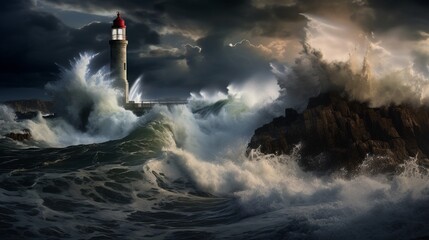A dramatic and stormy seascape, with crashing waves, a lighthouse standing tall against the tempest