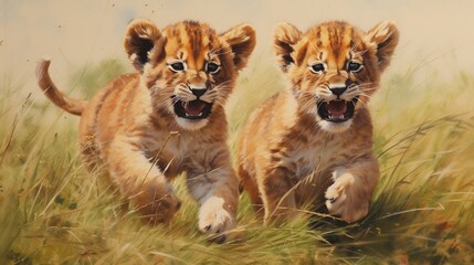 lion cub playfully pouncing on its sibling in a lush green meadow