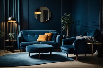 Dark blue sofa and recliner chair in scandinavian apartment. Interior design of modern living room. Generative Ai.