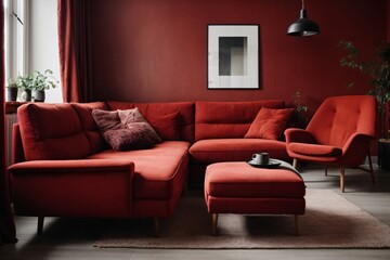 Dark red sofa and recliner chair in scandinavian apartment. Interior design of modern living room. Generative Ai. - Powered by Adobe