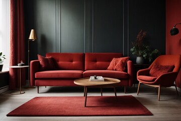 Dark red sofa and recliner chair in scandinavian apartment. Interior design of modern living room....
