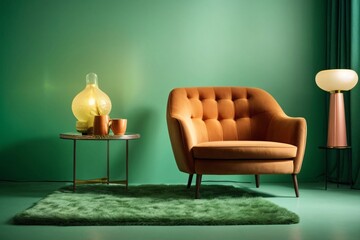 Dark green sofa and recliner chair in scandinavian apartment. Interior design of modern living room. Generative Ai.