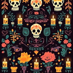 seamless pattern with a Dia de Muertos theme, featuring spooky elements such as skeletons, skulls, candles
