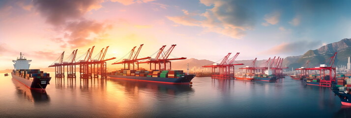 harbor at sunrise, with cargo ships waiting to be loaded, capturing the anticipation and movement that characterizes global trade. - obrazy, fototapety, plakaty