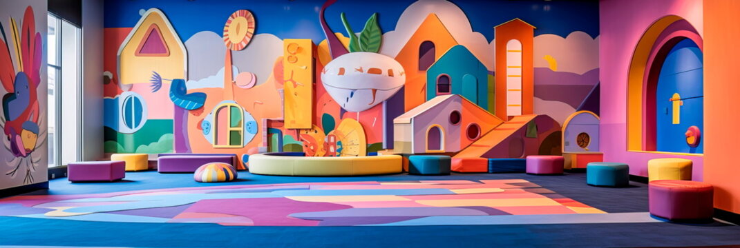 Whimsical and colorful children's play area in a hotel lobby with interactive games and toys.