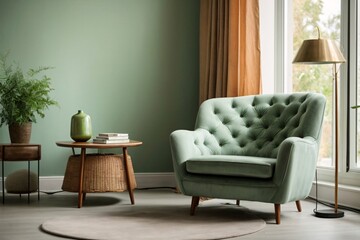 Dark green sofa and recliner chair in scandinavian apartment. Interior design of modern living room. Generative Ai.