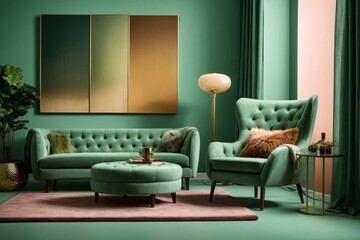Dark green sofa and recliner chair in scandinavian apartment. Interior design of modern living room. Generative Ai.